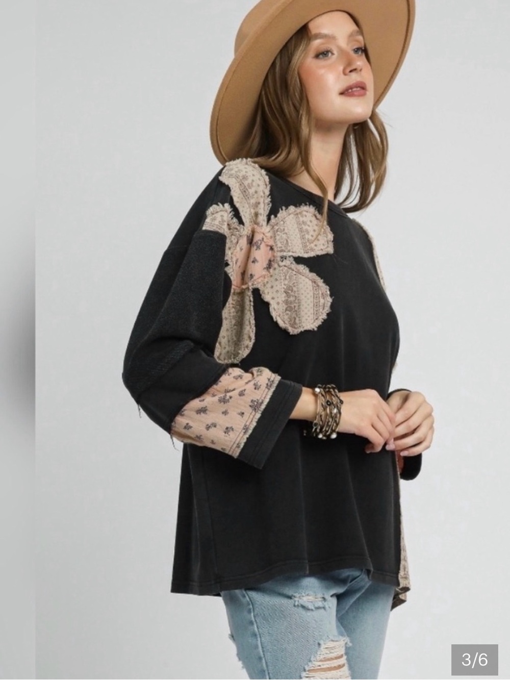 Umgee Mineral Washed Black Sweatshirt with Pink Floral Patchwork - Picture 4 of 16
